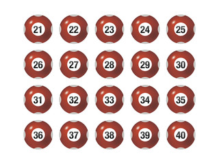 Vector Bingo / Lottery Number Balls Red Set Isolated on White Background-21 to 40