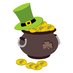 Vector illustration Saint Patrick's Day card with clover leaf, gold, and green hat.