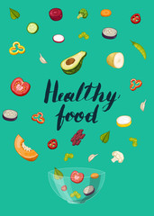 Healthy food poster vector illustration. Fresh natural vegetable, vegetarian nutrition, organic farming, vegan diet, eco product. Organic food concept with pumpkin, broccoli, beans, olives, pepper