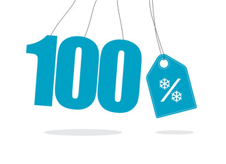 Obraz na płótnie Canvas Blue hanging 100% text with a snowflake percent design tag and with shadow isolated on white background. For winter sale campaigns.