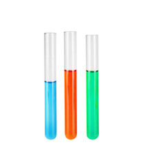 Test tubes with colourful samples isolated on white