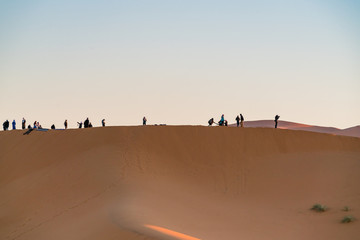 Fototapeta na wymiar group of tourist observer sand desert 