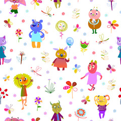 Jolly debonair monsters. Seamless pattern with funny fantastic characters, unusual flowers, butterflies and dragonflies. Bright colorful background for children design. Summer collection. Vector 