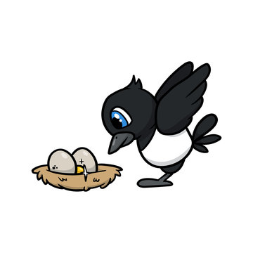 Cartoon Magpie Pecking AroundIts Nest Mark Vector Illustration