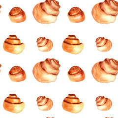 Seamless watercolor pattern with cinnamon rolls on white background