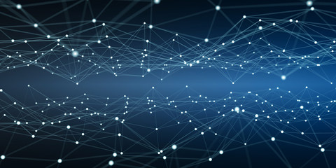 Floating white and blue dot network 3D rendering