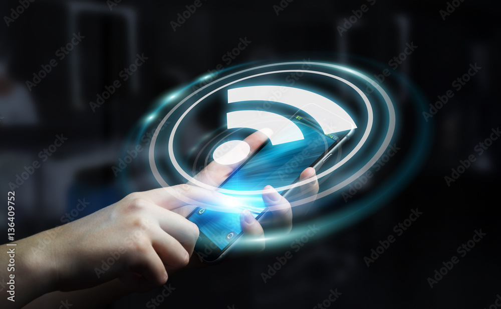 Aufkleber businesswoman using free wifi hotspot interface 3d rendering