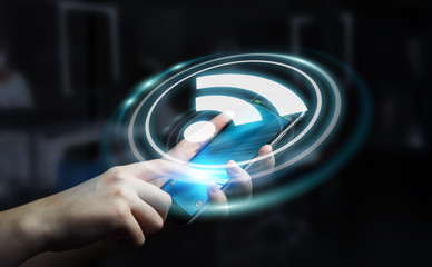 Businesswoman using free wifi hotspot interface 3D rendering