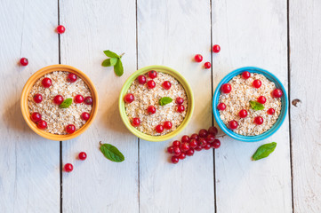 Fototapeta na wymiar Oat flakes with red currant in colorful bowls