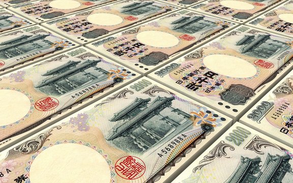 Japanese yen bills stacked background. 3D illustration.