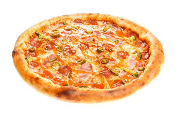 Delicious classic italian Burning Pizza with sausages, pepper, jalapeno sauce and cheese