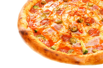 Delicious classic italian Burning Pizza with sausages, pepper, jalapeno sauce and cheese