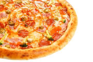 Delicious classic italian Burning Pizza with sausages, pepper, jalapeno sauce and cheese