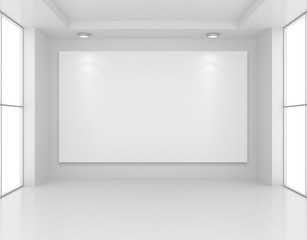 Naklejka na ściany i meble Gallery Interior with empty frame on wall and lights. 3d rendering.