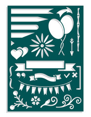 Laser cut template for planner notebook or journal dairy stencil. Arrows, flags, hearts, flowers, baloons, symbols for fields notes. Vector illustration.