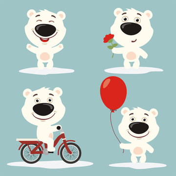 Vector set funny polar bear play on meadow. Collection isolated polar bear on bicycle, with balloon and flower in cartoon style.