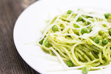 Spaghetti Pasta Detail with Peas on White Plate