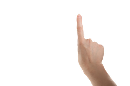 Hand girl shows the forefinger up isolation on a white background