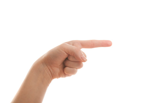 Girls arm showing a finger on a white background