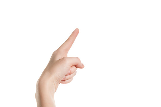 Hand girl shows the forefinger up isolation on a white background