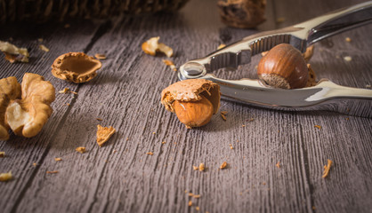 Delicious assortment of nuts on wooden background
