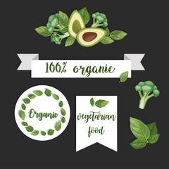 100% organic. Stickers of health vegetable avocado, broccoli and basil leaves isolated on gray background.  Hand drawn vector illustration. Beautiful template for your design.