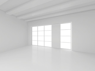 Empty white room with big windows. 3d rendering.