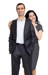 romantic couple in love, dressed in black suit, isolated white