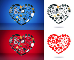 Heart spare auto parts for car on white red blue background. Set with many isolated items for shop or aftermarket, OEM. Valentine's Day