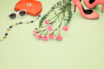 Spring Fashion Design girl clothes set,accessories. Pastel spring colors.Trendy sunglasses, floral fashion, handbag clutch, flowers.Glamor shoes heels Summer lady.Creative urban.Perspective view