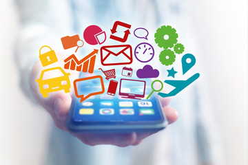 Concept of creative mulitmedia icons flying over a technology in