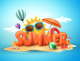 Obraz premium Summer vector banner design concept of 3d text in beach island with summer elements and balloons in blue sky background. Vector illustration. 