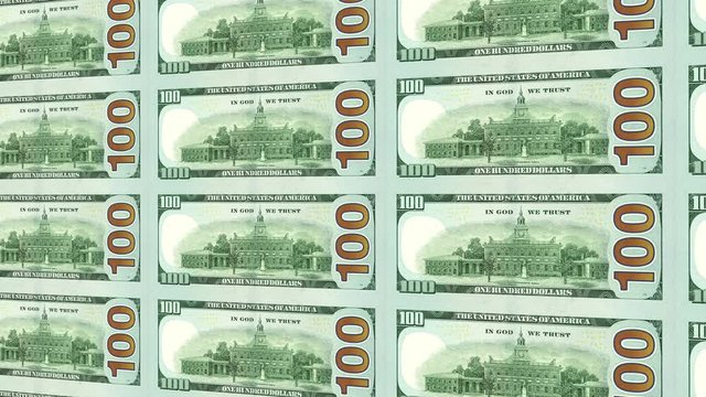 Reverse side of new 100 dollar bills flying and moving lin distance 3d perspective