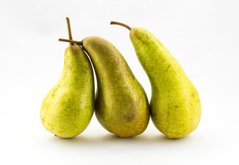 Three Abate Fetel pears isolated on white background.