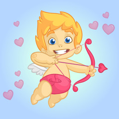 Cupid character with bow and arrow. Illustration of a Valentine's Day. Vector mascot. Isolated blue background