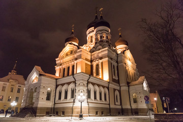 Fototapeta na wymiar Alexander Nevsky Cathedral at night, an orthodox cathedral in the Tallinn Old Town, Estonia.