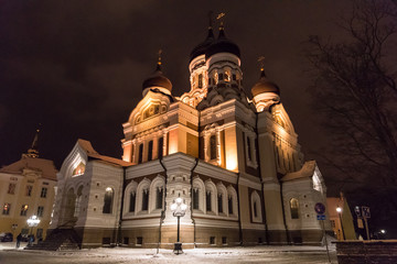 Alexander Nevsky Cathedral at night, an orthodox cathedral in the Tallinn Old Town, Estonia.