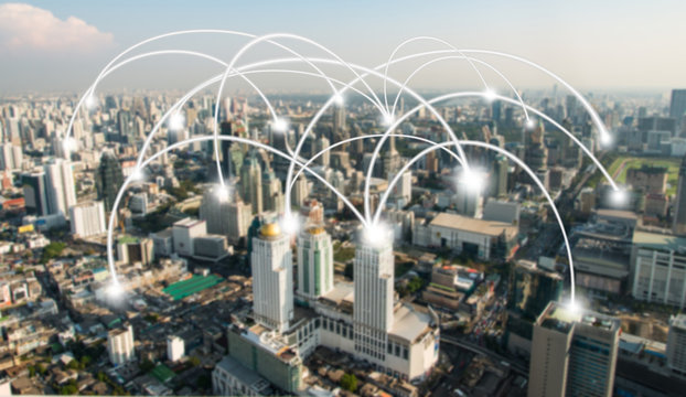 Cityscape and line effect network connection concept.