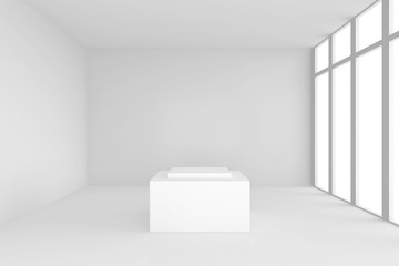 pedestal in white room with windows. 3d render.