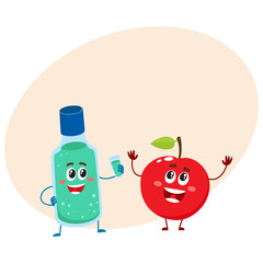 Funny dental mouthwash, mouth rinse and apple character, teeth care concept, cartoon vector illustration with place for text. Apple and dental mouthwash characters, good habits