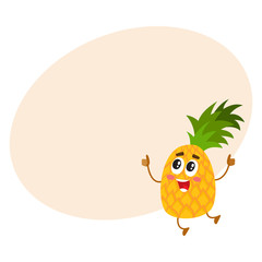 Cute and funny pineapple character jumping and showing thumbs up, cartoon vector illustration with place for text. Excited funny pineapple character, mascot giving thumbs up