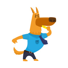 Funny shepherd dog character in blue police uniform blowing a whistle, cartoon vector illustration isolated on white background. Police dog character blowing a whistle