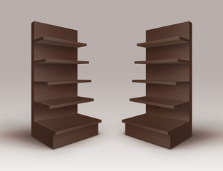 Vector Set of Brown Blank Empty Exhibition Trade Stands Shop Racks with Shelves Storefronts Isolated on Background