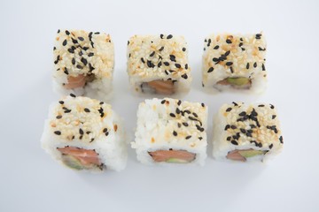 Uramaki sushi roll on white background