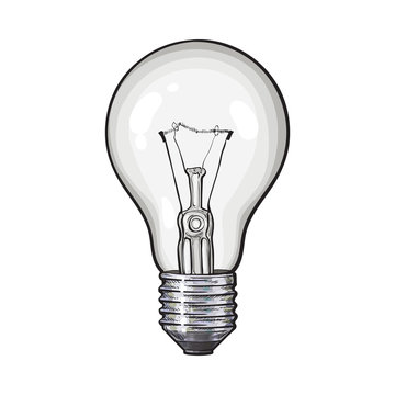 Traditional transparent tungsten light bulb, side view, sketch style vector illustration isolated on white background. Realistic hand drawing of retro style transparent tungsten light bulb