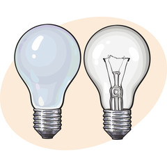 Modern fluorescent, energy saving and traditional tangsten light bulb, sketch style vector illustration isolated on white background. Realistic hand drawing of fluorescent and tungsten light bulbs