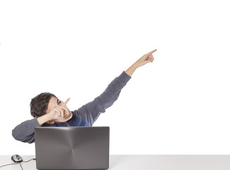 happiness little boy with laptop point at
