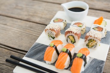 Set of assorted sushi served on tray