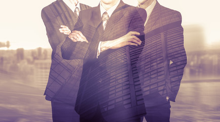 Three businessmen in suits. Business concept leader. Man power. Double exposure