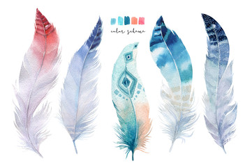 Hand drawn watercolor paintings vibrant feather set. Boho style  © kris_art
